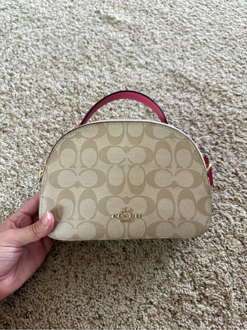 Coach Signature Satchel Dome Crossbody Bag | Khaki Canvas & Pink Leather